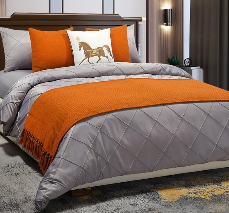 轻奢橙色搭毯样板房床上用品高档别墅酒店十件套现代样板间床品